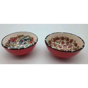 Turkish Pottery Finger Dip Bowls 3" Red Floral